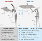 G-Promise All Metal 14 Inch Shower Head with Massage Mode Handheld, Rain Shower Head with Handheld Spray Combo, 3-Way Diverter with Pause Setting, 12 Inch Adjustable Extension Arm (Brushed Nickel)