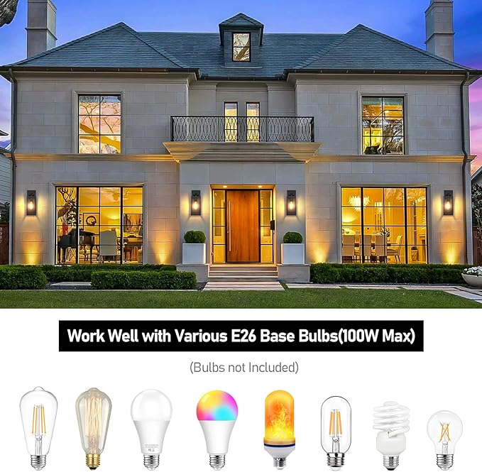 Outdoor Wall Light Fixtures, Exterior Waterproof Wall Lanterns, Porch Sconces Lighting with E26 Sockets & Glass Shades, Modern Matte Black Outside Lights for Patio Front Door Entryway Garage, 2-Pack