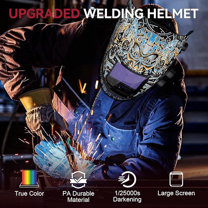 ARCCAPTAIN 3.94"X3.66" Large Viewing Screen Welding Helmet, True Color Auto Darkening Welding Hood, Solar Powered 4 Arc Sensor, Wide Shade 4-5/5-9/9-13 Welding Mask (Skeleton Technology)