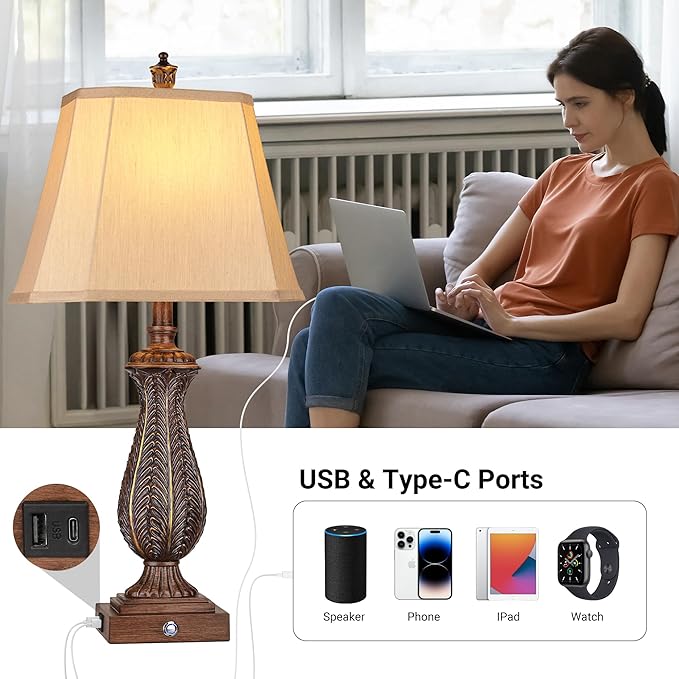 3-Way Dimmable Table Lamps for Bedrooms Set of 2, 30" H Touch Lamps for Living Room with USB & Type-C Ports, Brown Mermaid Bedside Lamp for Nightstand, Resin Farmhouse Rustic Lamp with 2 Bulb
