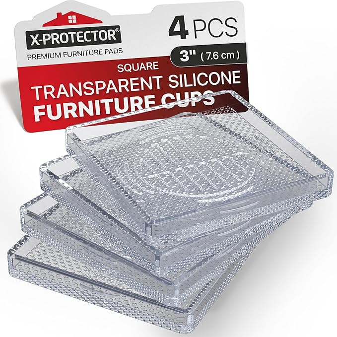 X-Protector Furniture Cups - 4 PCS 3" - Non Slip Furniture Pads for Hardwood Floors - Transparent Floor Protectors - Bed Stoppers to Prevent Sliding - Keep Furniture from Sliding on Floor! (Square)