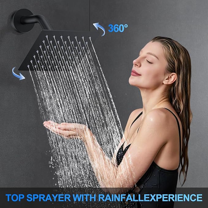 Shower Faucet Set, 12" Wall Mount Rainfall Shower System with 2 Rain Shower Head and Multi-function Handheld Head Push Button Diverter Shower Faucet Trim Kit Matte Black