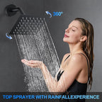 Shower Faucet Set, 12" Wall Mount Rainfall Shower System with 2 Rain Shower Head and Multi-function Handheld Head Push Button Diverter Shower Faucet Trim Kit Matte Black