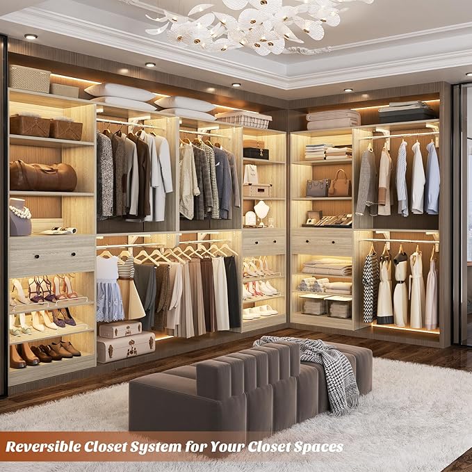 [10 FT Closet System] Reversible Set of 2 Wood Closet Organizer System with 2 Drawers, 4 Hanging Rods Adjustable Shelf, Walk In Closet Organizers with Shoe Rack, Garment Rack Clothes Rack, White Oak