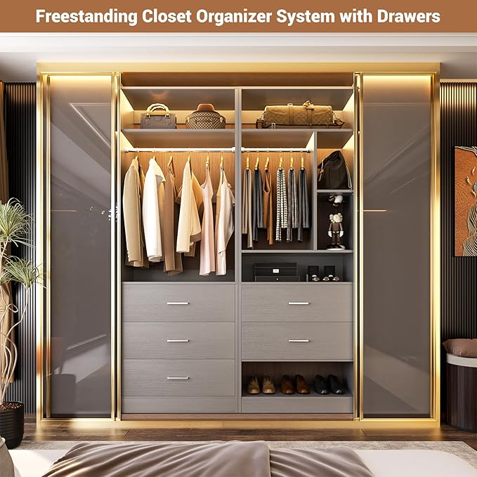 4FT Closet Systems with 5 Wood Drawers, 48 Inch Closet Organizer System with 2 Hanging Rods & 7 Shelves, Heavy Duty 48" Walk-in Closet, Grey (48"L x 15" W x 80" H)