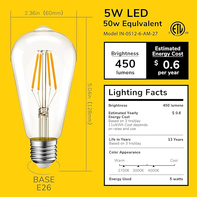 Inlight ST19 Dimmable 5W LED Light Bulb, E26 Base, Warm White(2700K), 6-Pack, 50-Watt Equivalent Vintage Edison Light Bulb with Amber Glass and Filament Design, ETL Listed, IN-0512-6-AM-27