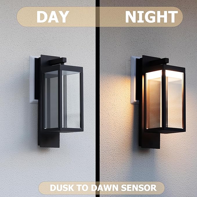 Outdoor Dusk to Dawn Exterior Light Fixture Wall Sconce Modern Style 800LM 13W Waterproof Rustproof Aluminum Glass Shade Porch Lantern Garage Garden Patio Matte Black Lamp