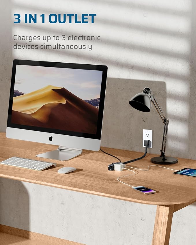 DEWENWILS 3 Outlet Extension Cord with Flat Plug, 1FT 16/3 Awg Grounded Power Cable for Indoor Use, SPT-3 Cord, Black, ETL Listed, 2 Pack