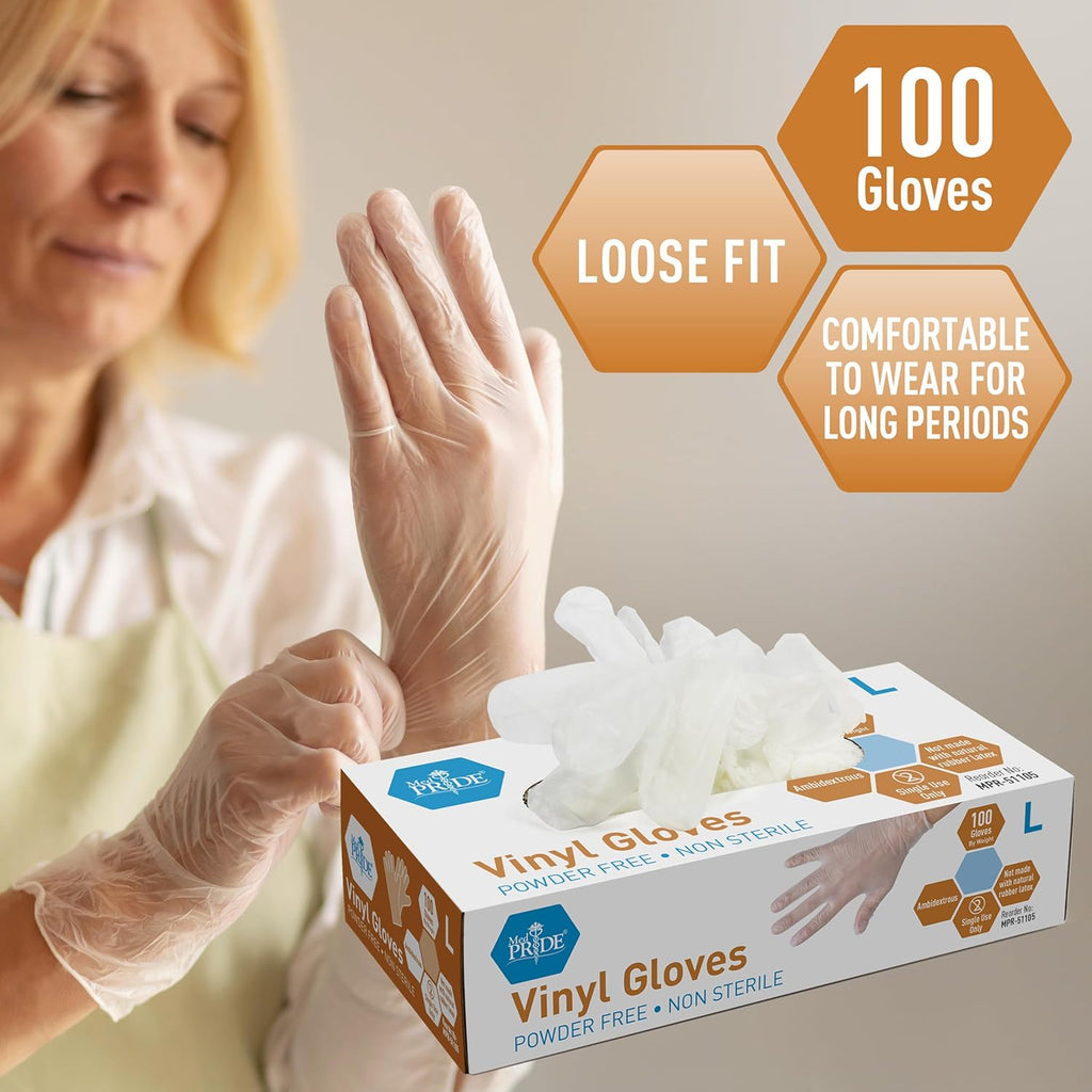Med PRIDE Vinyl Gloves| Large Box of 100| 4.3 mil Thick, Powder-Free, Non-Sterile, Heavy Duty Disposable Gloves| Professional Grade for Healthcare, Medical, Food Handling, and More