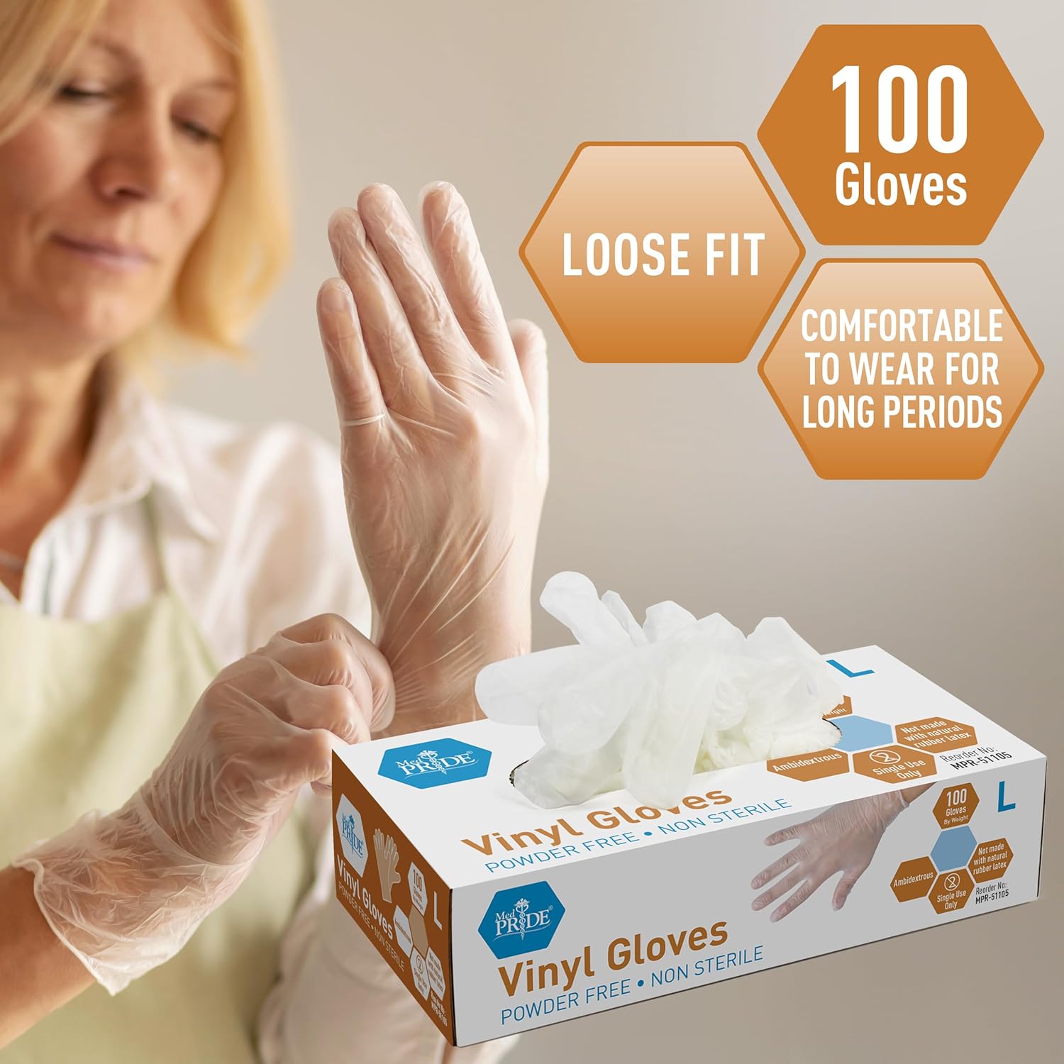 MedPride General Purpose Powder-Free Vinyl Gloves, Large, Box/100