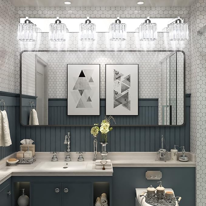 Aipsun Bathroom Vanity Light Fixtures 6 Light Chrome Vanity Light for Bathroom Crystal Vanity Lighting Fixtures (Exclude Bulb)