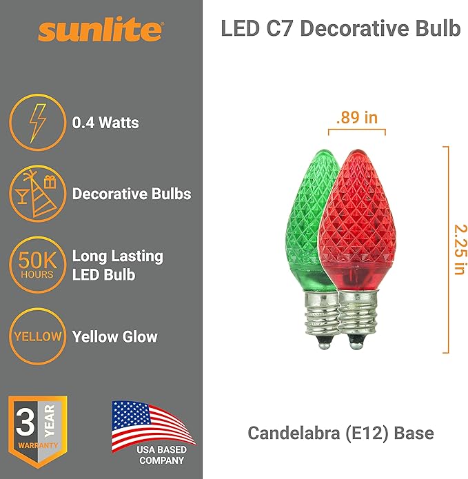 Sunlite 41289 LED C7 Holiday Decorative Light Bulb, 0.4 Watts, E12 Candelabra Base, Faceted Christmas-Lights; Nightlight, Green and Red Combo 24 Count