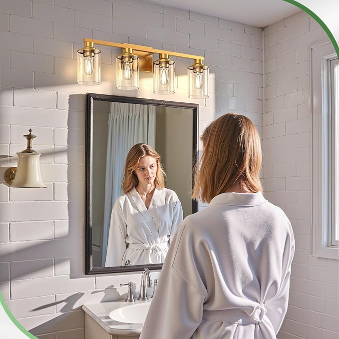 DORESshop 4-Light Vanity Light Fixtures, Brass Bathroom Light Fixtures Over Mirror with Clear Glass Shade, Modern Vanity Lights for Living Room Bedroom
