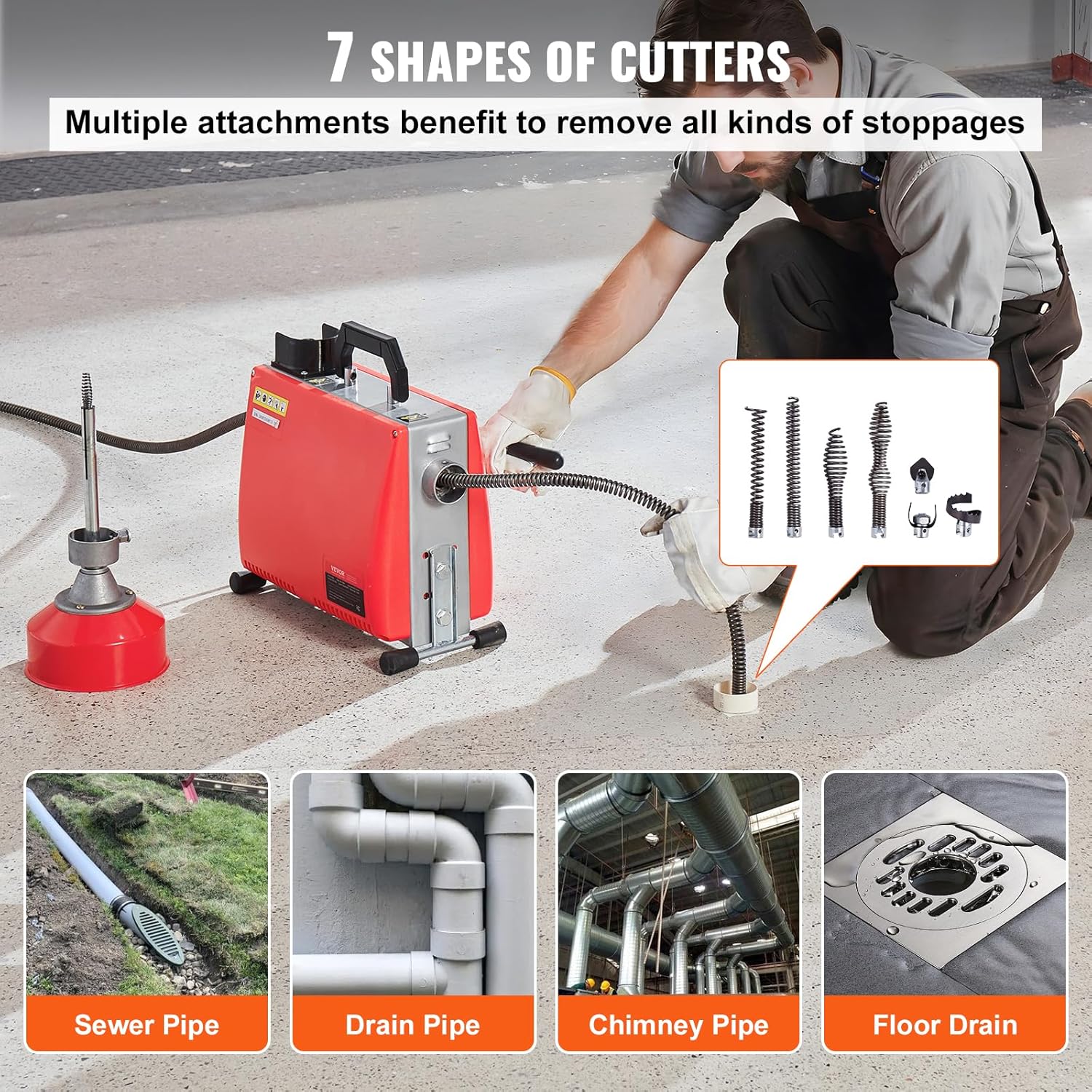 VEVOR 66FT x 5/8 Inch Drain Cleaner Machine, 250W Electric Sewer Snake Auger Manual Feed - with 7 Cutters, 2 Steel Cables (66' x 5/8" and 15' x 3/8")& CW/CCW Control for 1.6" to 4" Pipes