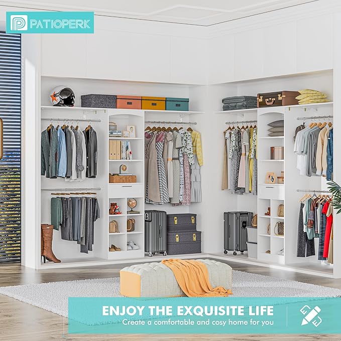 Closet System With Drawers - 6 Partition Storage, Closet Organizer System With 3 Expandable Hanging Rods, Walk-In Closets Wardrobe Clothes Garment Rack For Bedroom