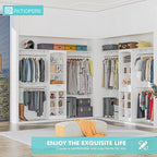 Closet System With Drawer - 8 FT Closet Organizer And Storage, Wood Closet Organizer System with Tower, Walk-in Closet Organizer Wardrobe Clothes Rack with 3 Hanging Rods, Garment Rack