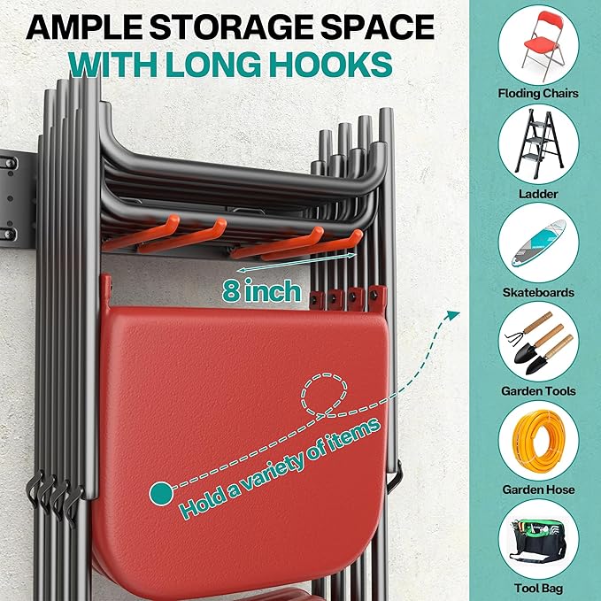 EVERHANGER Garage Tool Storage Organizer Wall Mount, Versatile Garden Tool Rack Organization, Folding Chair Hangers with 8 Multifunctional Hooks, Max Load 330lb, 48inch
