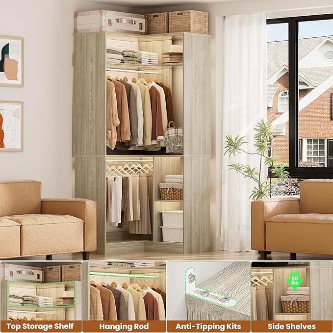 Aheaplus Corner Closet System with Shelves, 34’’ Closet Organizer System with Hanging Rods, Wood Walk-in Closets for Corner Small Space,Freestanding Corner Tower, L Shaped Garment Rack, Black