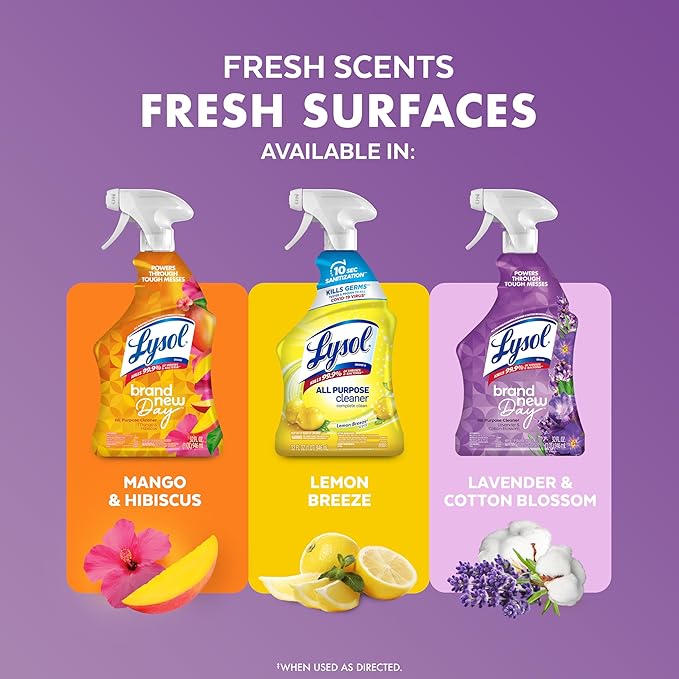 Lysol All Purpose Cleaner Spray, Multi-Purpose Disinfecting Spray, Kitchen & Bathroom Cleaner, Lavender & Cotton Blossom Scent, 32 Fl Oz