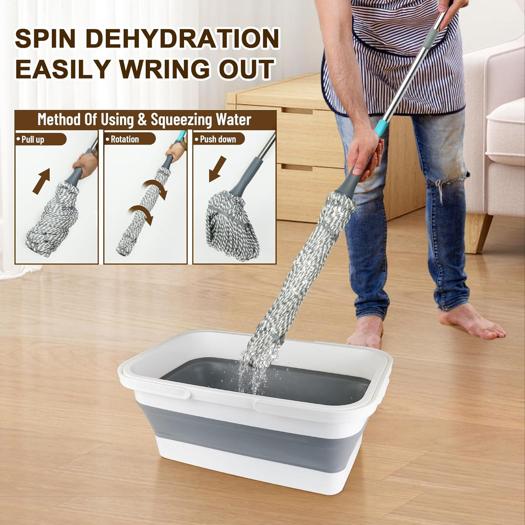 Self Wringing Mop with Bucket- Easy Squeeze Twist Mop with 52.5 Inch Long Handle, Heavy Duty for Hardwood, Tile, Vinyl & Laminate Floors (Gray+White)