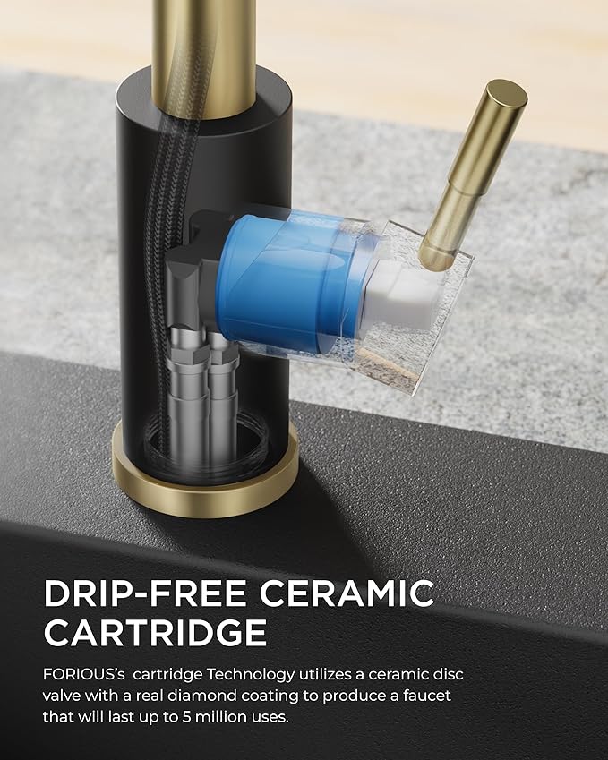 FORIOUS Kitchen Faucet with Pull Down Sprayer, Stainless Steel Commercial Single Handle Classic Spring Pull Out Sink Faucet for Pot Filler, Farmhouse Camper Bar Laundry Room, Black Gold