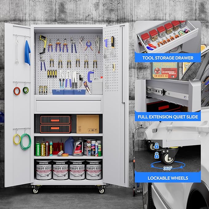 71" H Garage Storage Cabinet with Wheels, Drawer, Pegboard and 16 Hooks, Metal Tool Storage Cabinet with Locking Doors and 2 Adjustable Shelves for Garage, Warehouse, Home, White