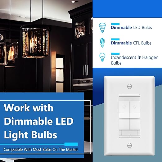 LIDER Combination Dual Dimmer Light Switch Control, 2 Sliding Light Controls, Single Pole, 400W CFL/LED, 600W Incandescent/Halogen Dual Loads Total, UL Listed, Wall Plate Included, White