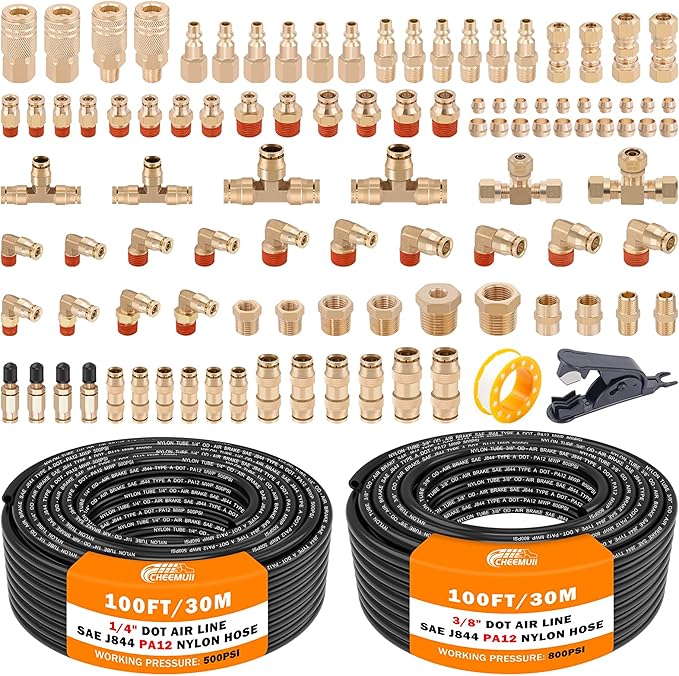 CheeMuii 100 PCS Brass DOT Air Line Fittings with 100FT 1/4" and 100FT 3/8" DOT Air Line Kit Push Lock Air Fitting Quick Connect & NPT Thread Fittings with Pneumatic Tubing