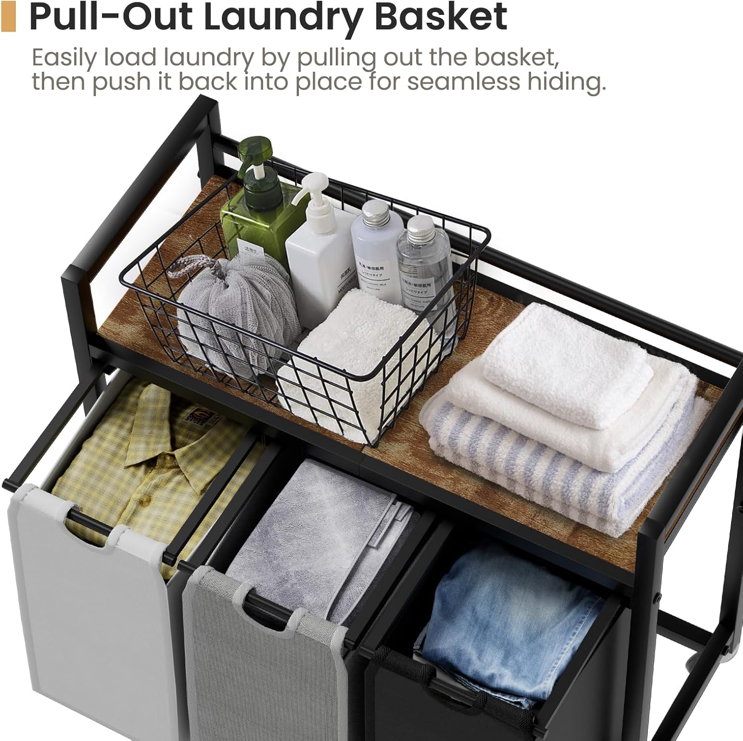 Laundry Hamper, Laundry Basket, Laundry Sorter with 3 Removable Bags, Clothes Basket with 3 Compartments, Wheels, Shelf for Laundry Room Bathroom Bedroom (3 Bags-Black Grey White)