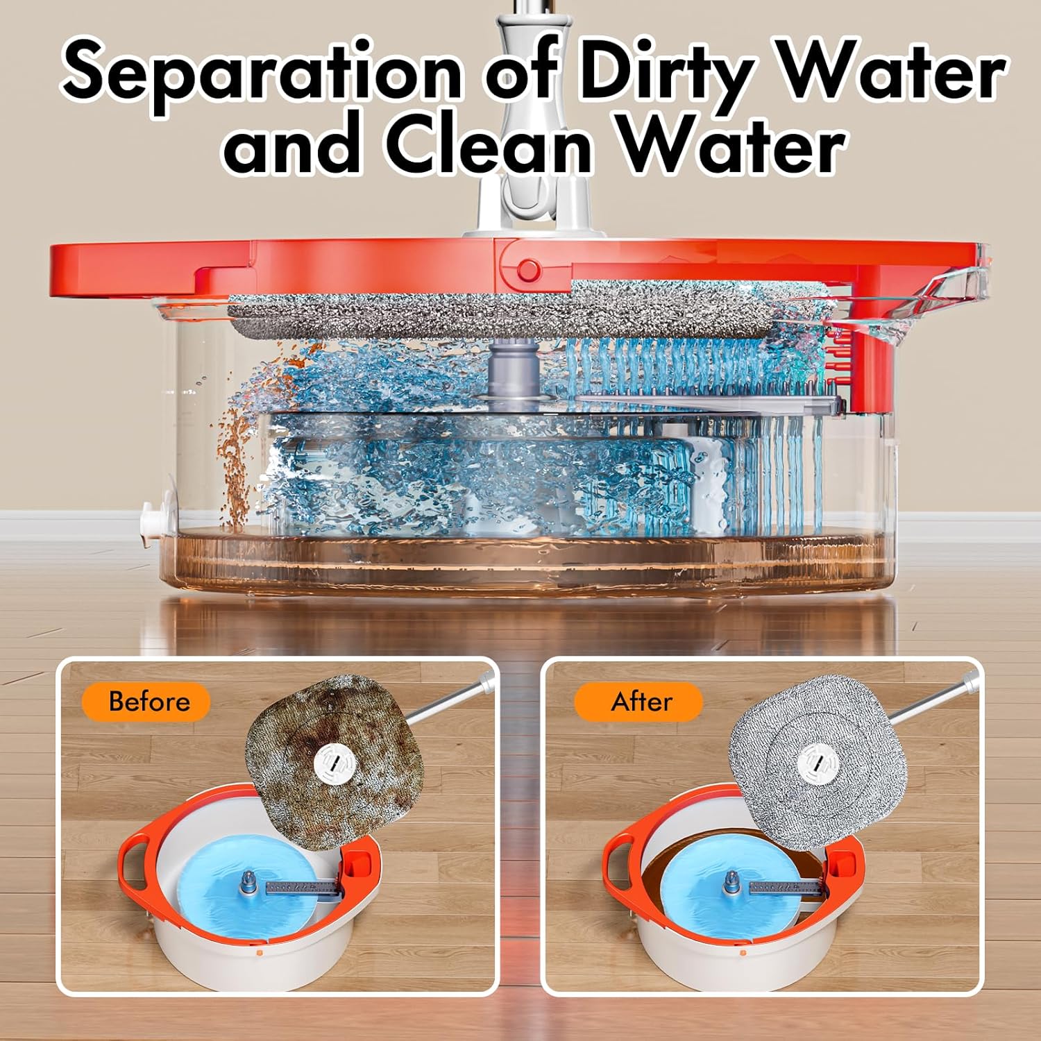 Spin Mop and Bucket Set with Separate Dirty and Clean Water,360° Spin Mop and Bucket System with Widening Foldable Handle,2 Replaceable Mop Pads,Square Mop for Floor Hardwood Tile Marble Wall Cleaning