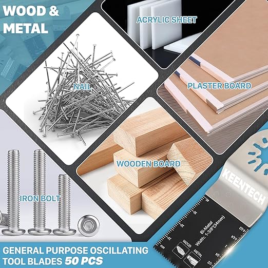 KEENTECH 50PCS Bi-Metal Oscillating Tool Blade for Wood & Metal, General Purpose Multitool Blade for Wood Panel, Nails, Bolts, Screw, Drywall, Quick Release Oscillating Saw Blade for Fine Finish