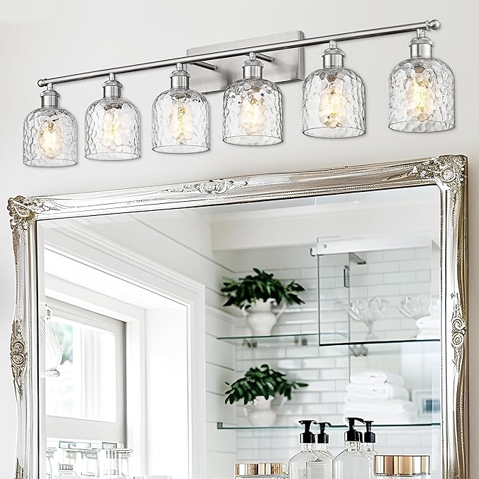 zeyu 6-Light Bathroom Wall Light Fixture, 42 Inch Modern Nickel Vanity Lighting Fixtures for Bedroom, Brushed Nickel Finish with Clear Hammered Glass, ZJF63B-6W BN
