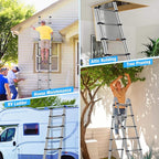 Telescoping Ladders 16.5FT A Frame Stainless Steel Extension Ladder,Heavy Duty Lasts for 375LBS,with Balance Bar and Movable Wheel,Multi-Purpose Collapsible Ladder for Outdoor Indoor