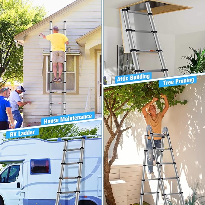 Telescoping Ladders 16.5FT A Frame Stainless Steel Extension Ladder,Heavy Duty Lasts for 375LBS,with Balance Bar and Movable Wheel,Multi-Purpose Collapsible Ladder for Outdoor Indoor