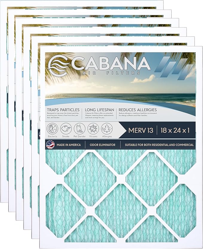 Cabana Filters 6-Pack 18x24x1 MERV 13 AC Furnace Air Filter for Home and Office - Indoor HVAC System Filtration Replacement, Captures Unwanted Particles