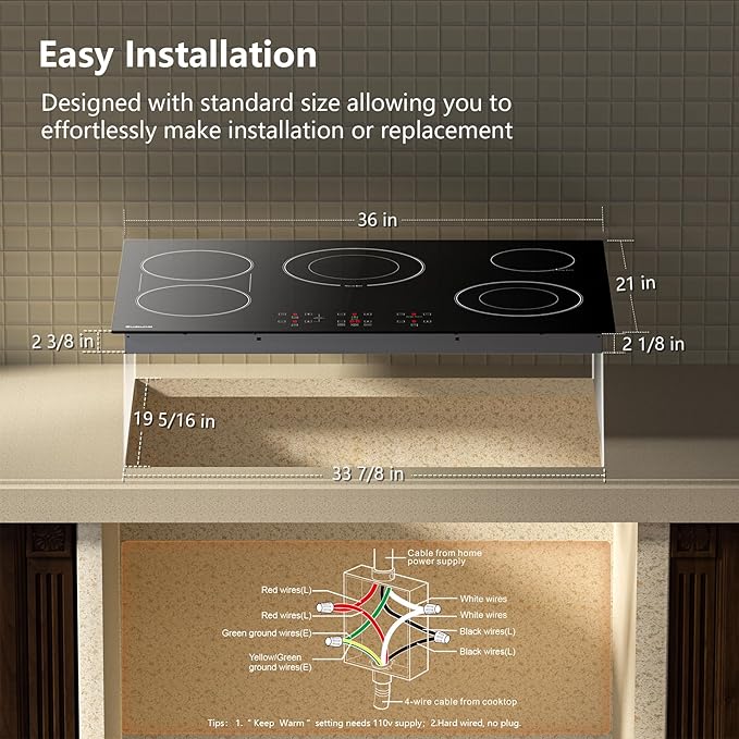 36 Inch Electric Cooktop 5 Burners, ETL & FCC Certificated, Sync Burner, Quick Boil, Keep Warm Setting, 9 Heating Level, Timer, Child Lock & Auto Shutdown, 9000W, Drop-in Electric Stove Top