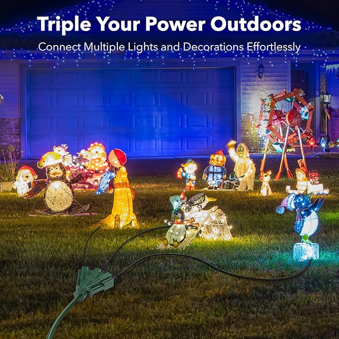 BN-LINK 25Ft Outdoor Extension Cord with 3 Outlets, 2-Pack, 16/3 SJTW, 13-Amp Power Cord for Lighting, Landscaping & Holiday Decorations, Grounded, ETL Listed