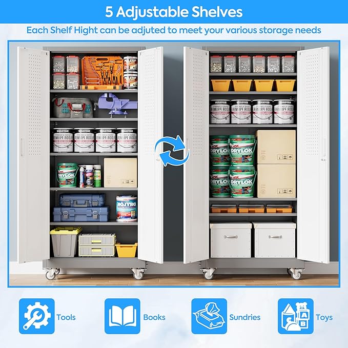71" H×32" W×16" D Garage Storage Cabinet with Wheels & Pegboard, Locking Metal Storage Cabinet with Doors and 5 Adjustable Shelves & 4 Hooks for Garage Warehouse Home Office, White and Gray