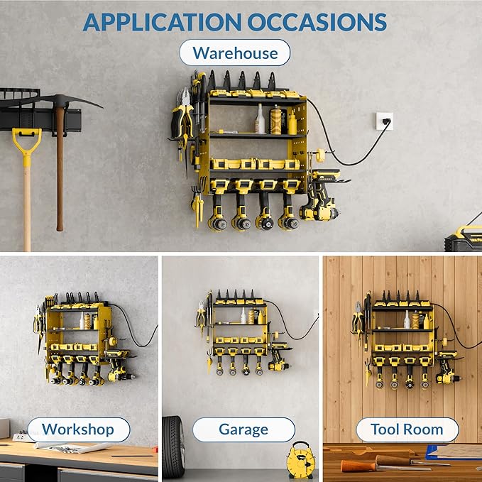 Power Tool Organizer with Charging Station, 4 Layers Garage Storage Rack with 6 Drill Holders, Father's Days Gift For Dad, Wall Mount Garage Organizer Built in 8 Outlets Power Strip, Yellow