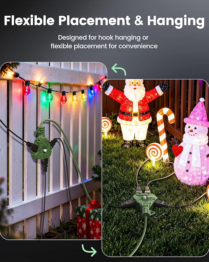 SURAIELEC Outdoor Extension Cord with 6-Outlet Power Hub Plug, 25FT 14/3 AWG SJTW Heavy-Duty Power Cord, 15A Circuit Breaker, ETL Listed, for Garage, Workshop, and Holiday Decorations, Green