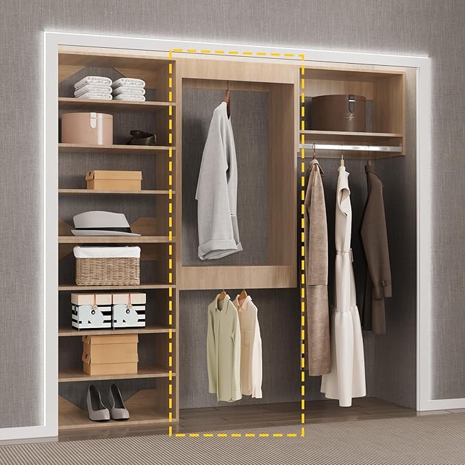 Double Hanging Closet Unit, Modular System Organizer With Storage for Walk-In Closets, Clothing Rack Wardrobe for Hanging Clothes, Bedroom, Wood, 31.5"W