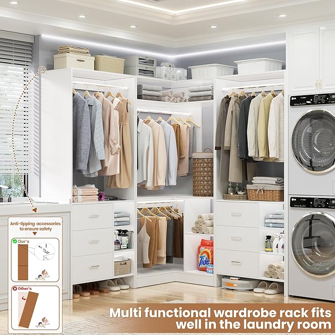 Aheaplus Closet System with 6 Drawers, 4 Hanging Rods & Corner Tower, Corner Closet System with Hanging, 92.6" L-Shaped Walk-In Wardrobe Organizer, 2000+ lbs Capacity, Set of 3, White