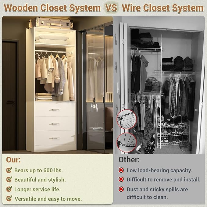 Closet System Set of 4, 8FT Closet Systems with 12 Wood Drawers, 96" Closet Organizer System with 4 Hanging Rods & 4 Shelves, Heavy Duty 96 Inch Walk-in Closet, White (96"L x 15" W x 80" H)