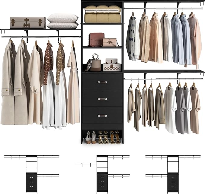 Armocity 120 Inches Closet System, 10FT Walk In Closet Organizer with 3 Shelving Towers, Heavy Duty Clothes Rack with 3 Drawers, Built-In Garment Rack, 120" L x 16" W x 75" H, Max Load 1300 LBS, Black