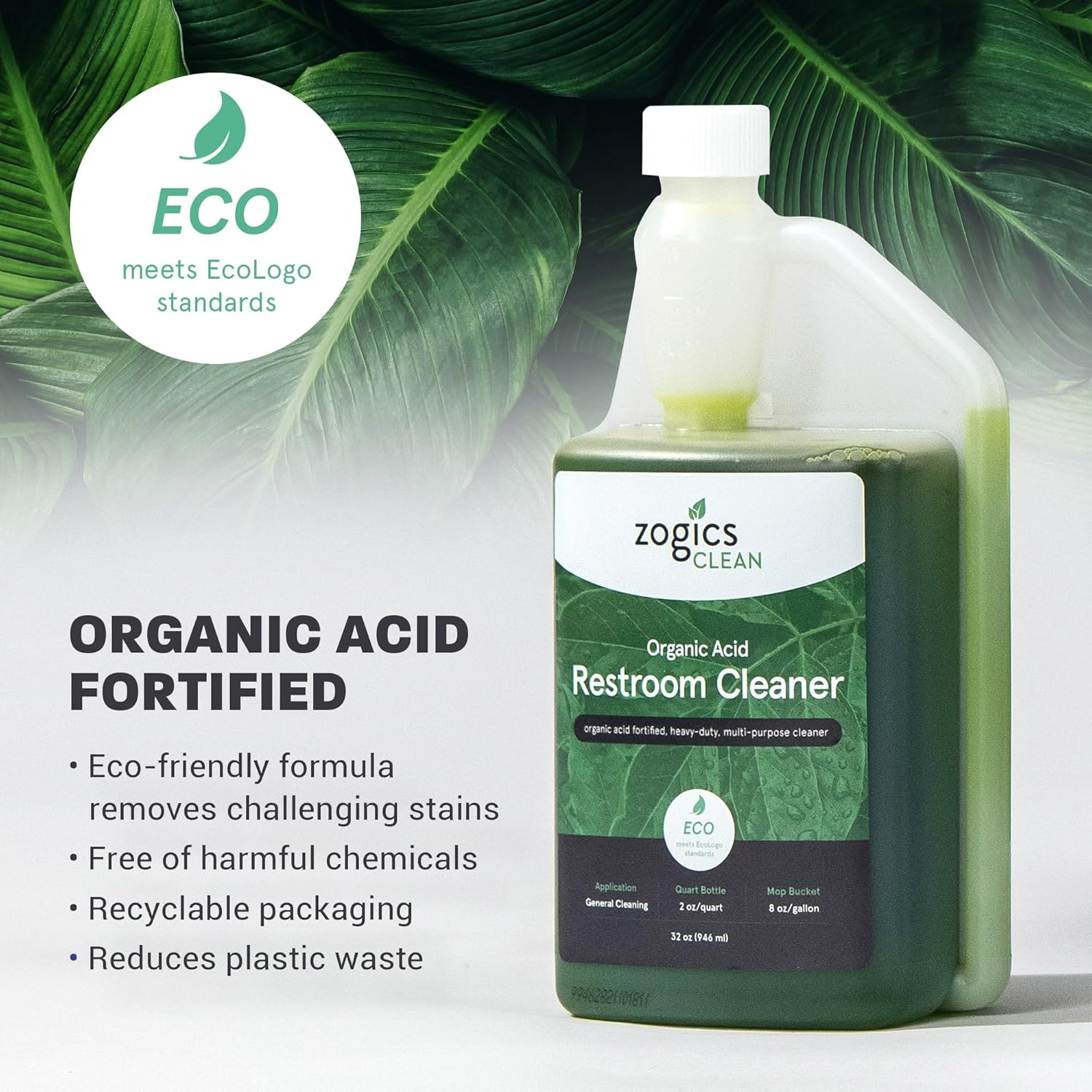 Zogics Organic Acid Restroom Cleaner, 32 oz Bottle Makes up to 16 Quarts - Meets ECOLOGO Standards