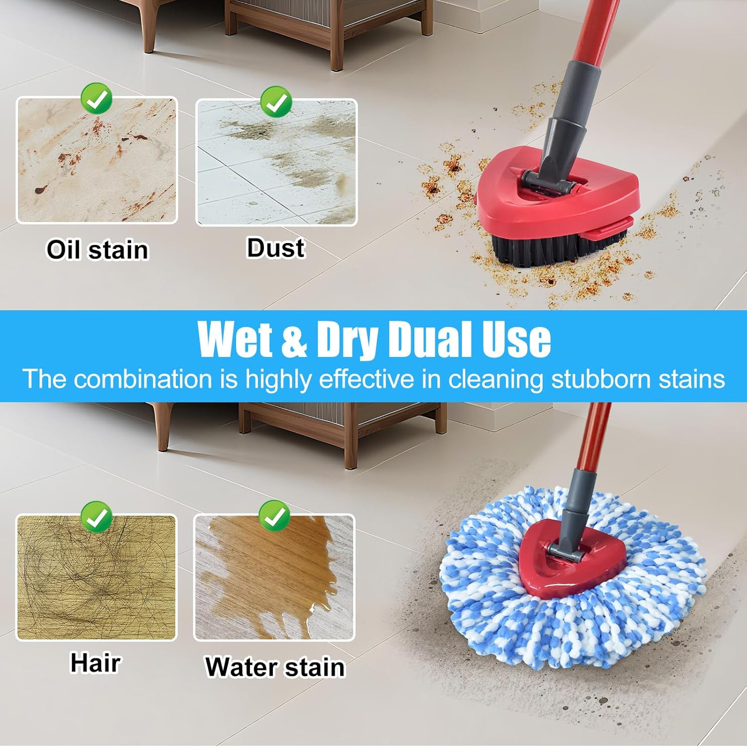 Mop Replacement for Ocedar, Mop for O Cedar, Replacement Mop for O Cedar Spin Mop Contains 4-Section Mop Handle 2 Mop Replace Head 1 Mop Base 1 Scrubber Mop Head for O-Cedar Spin Mop