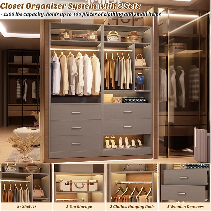 4FT Closet Systems with 5 Wood Drawers, 48 Inch Closet Organizer System with 2 Hanging Rods & 7 Shelves, Heavy Duty 48" Walk-in Closet, Grey (48"L x 15" W x 80" H)