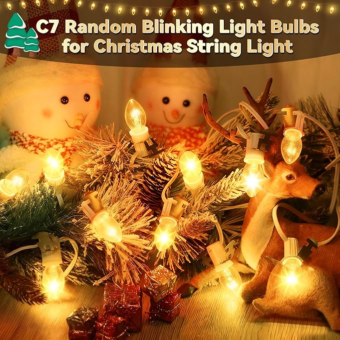 25 Pack Twinkle Christmas Replacement Bulbs, 7W Random Blinking Light Bulbs for Christmas String Light, Nightlights(Clear Twinkle,C7,E12 Intermediate Base)