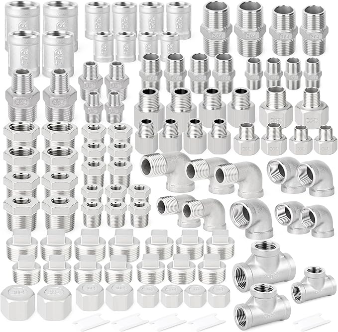TAISHER 99PCS 304 Stainless Steel Pipe Fitting Kit，Coupling，Nipple，Bushing，Reducer Adapter，Reducer Nipple，90 Degree Elbow，Plug，Cap，Tee，NPT Thread Pipe Adapter Fitting
