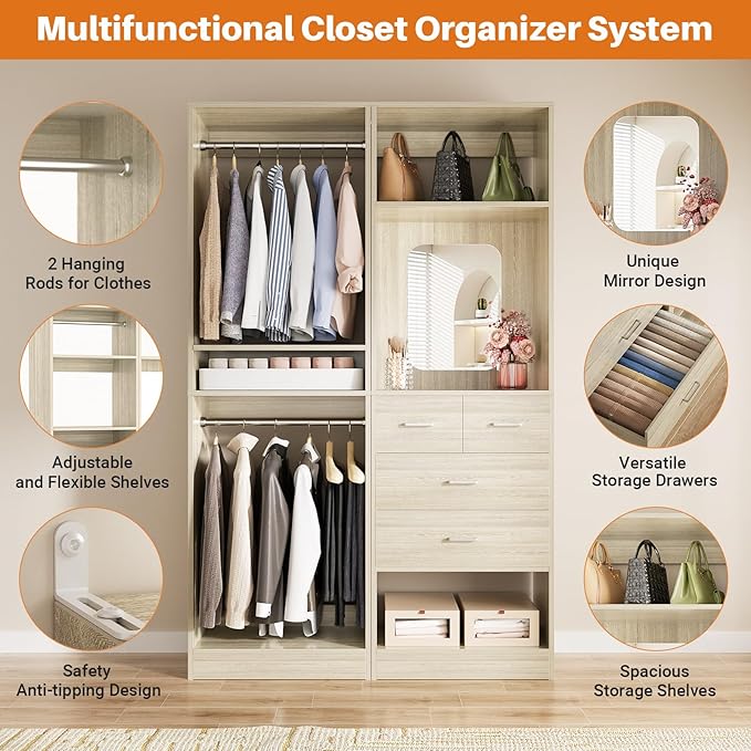 Unikito 50” Closet System with 4 Drawers, 4.2FT Wood Closet Organizer with Hanging Rod and Mirror, Reversible Small Walk in Closets Wardrobe, Adjustable Sturdy Clothes Garment Rack, White Oak